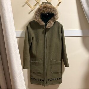 Olive Green Fur-Trimmed Wool Parka